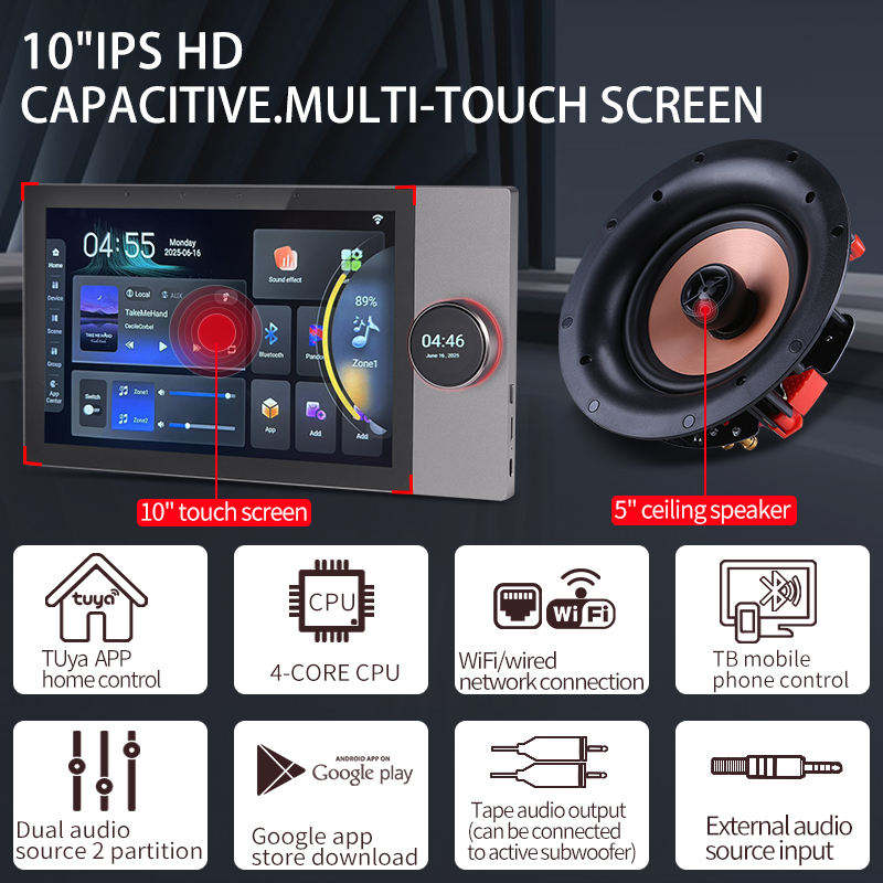 Tuya Smart 10-inch dual-partition 8-way speaker control panel Android system, supports Google Play multi-function home control center