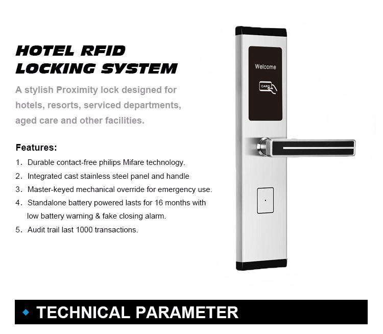Smart hotel door lock system RFID sensor card lock, stainless steel door lock, including free management software