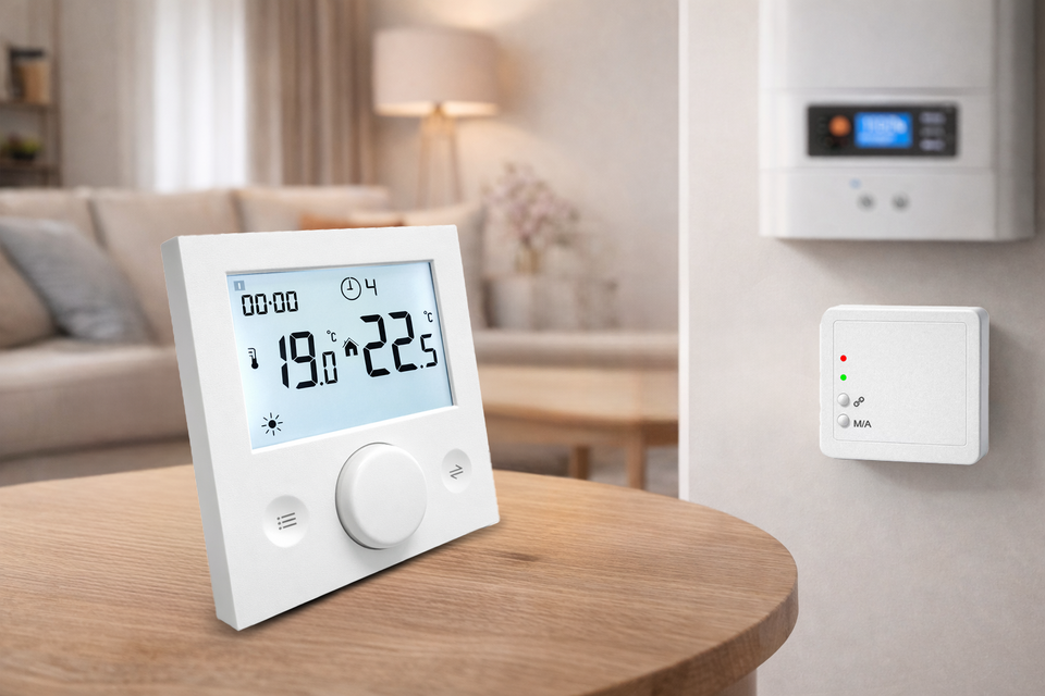 Modern wall-mounted programmable radio frequency thermostat for gas boiler water heaters, hotel use